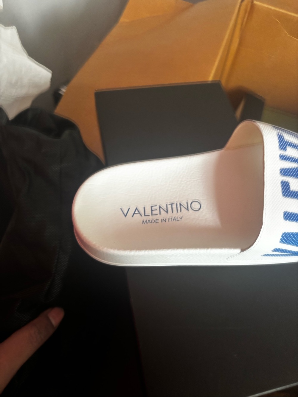 Valentino White Slide Sandal with Blue Logo Print